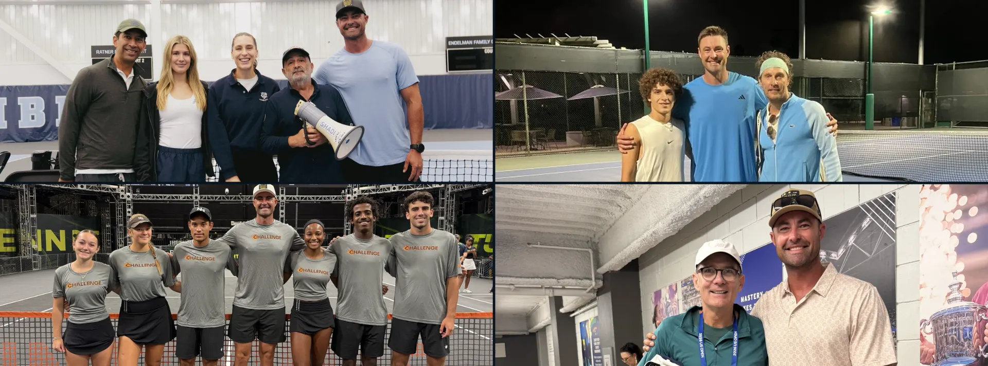 Joel Myers with players and fellow coaches at tennis events and on court